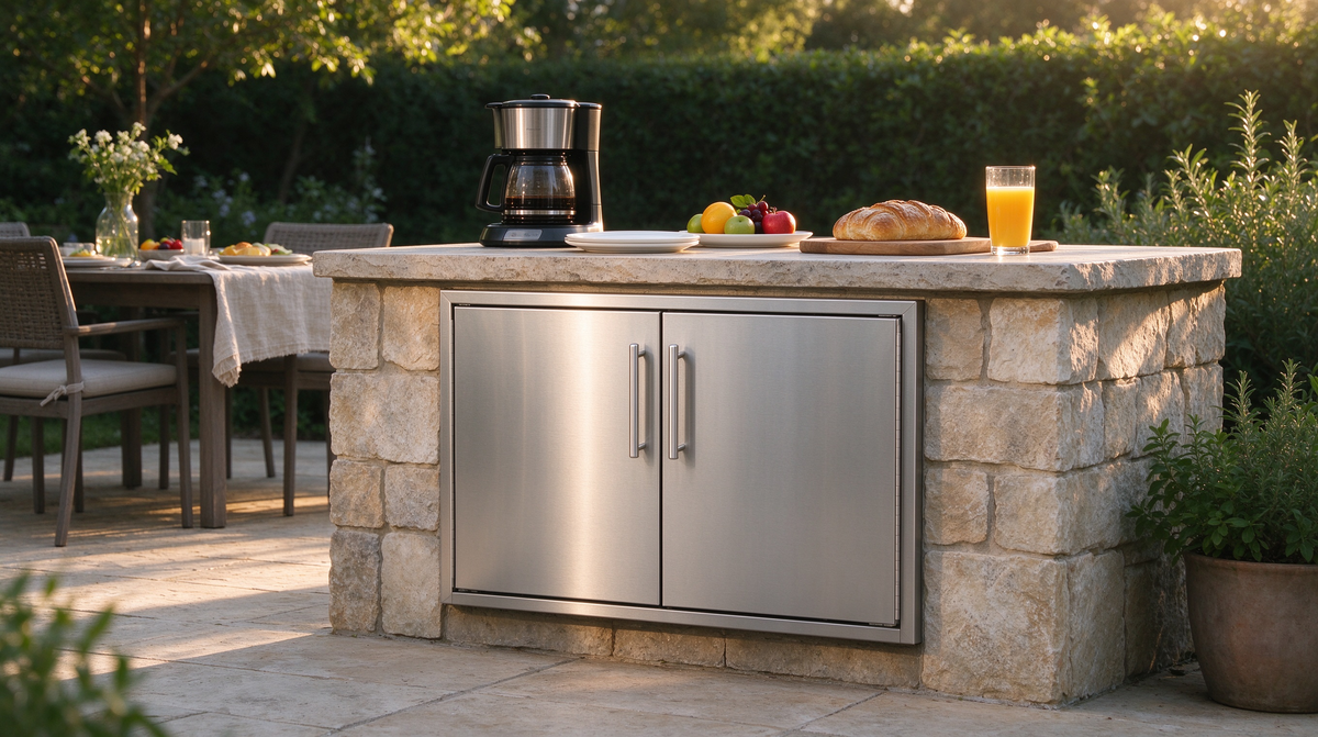 Morning backyard terrace with stainless steel outdoor kitchen cabinet doors, quiet lifestyle scene