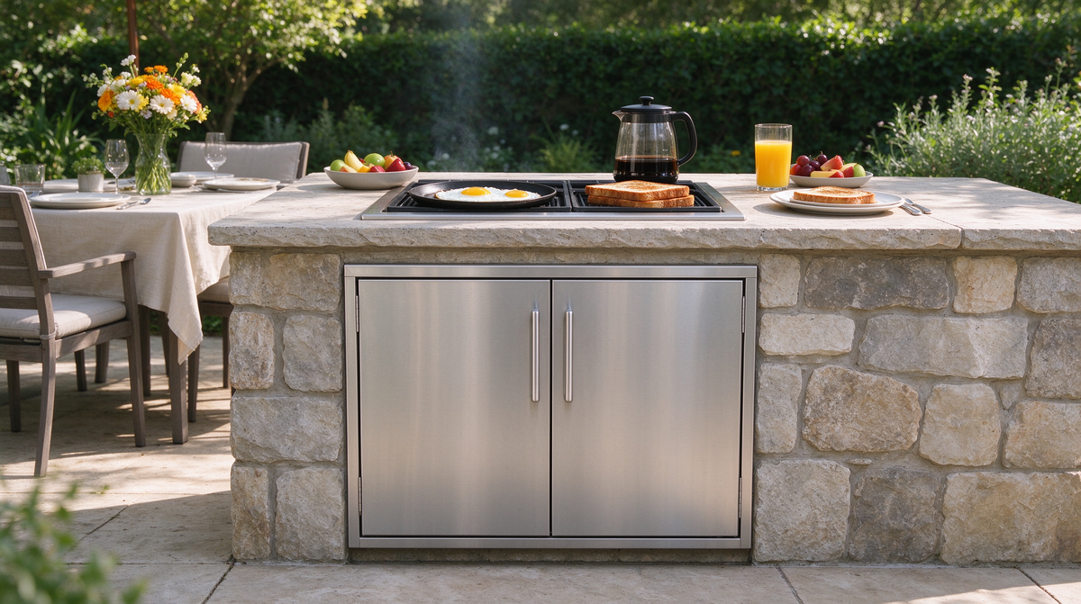 Weekend brunch in a backyard with stainless steel outdoor kitchen cabinet doors, grill and outdoor dining table