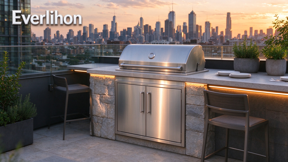 City rooftop outdoor kitchen with Everlihon stainless steel cabinet doors at golden hour