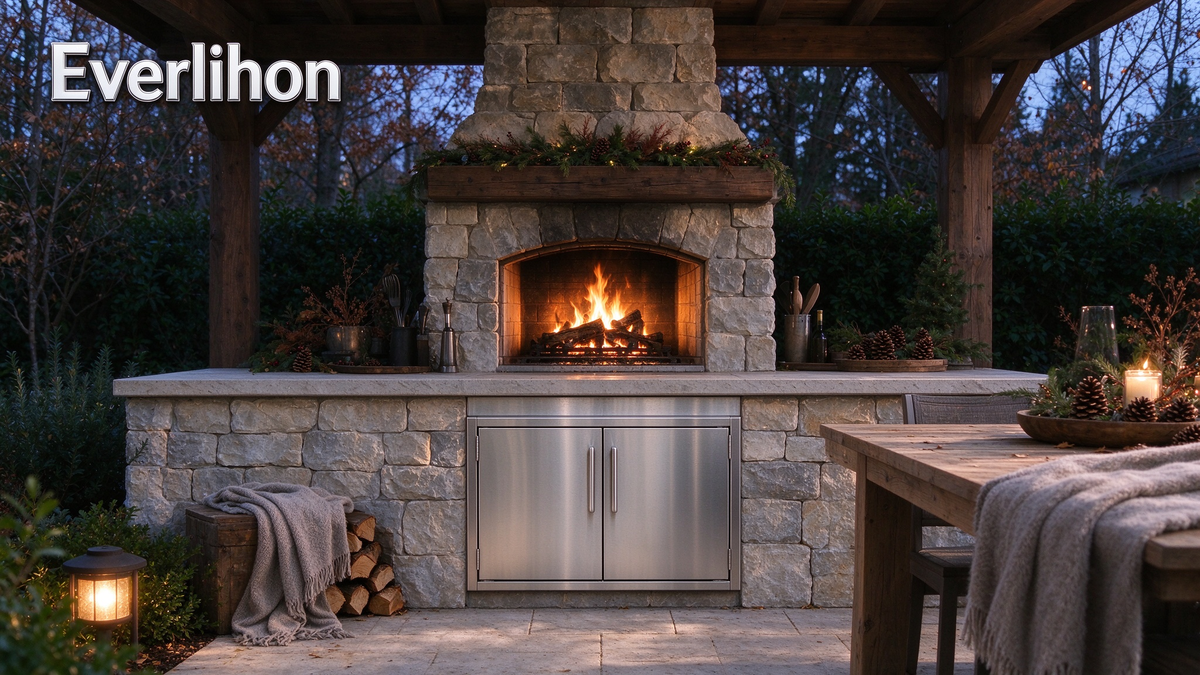 Poolside summer outdoor kitchen with Everlihon stainless steel cabinet doors