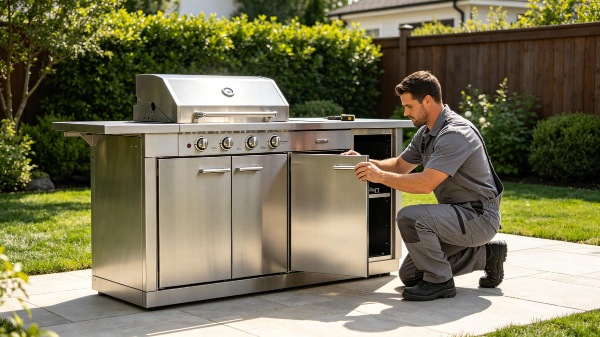 worker installing 304 stainless steel cabinet doors on outdoor BBQ island backyard patio