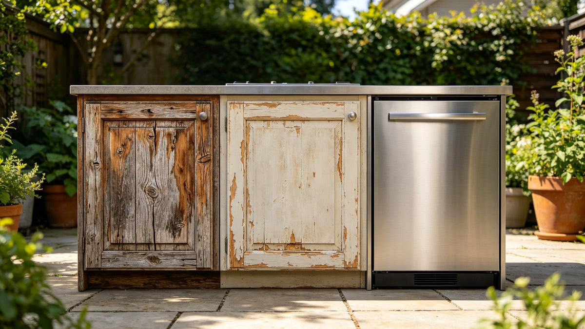 side by side comparison wood composite powder coated iron and stainless steel outdoor kitchen cabinet doors