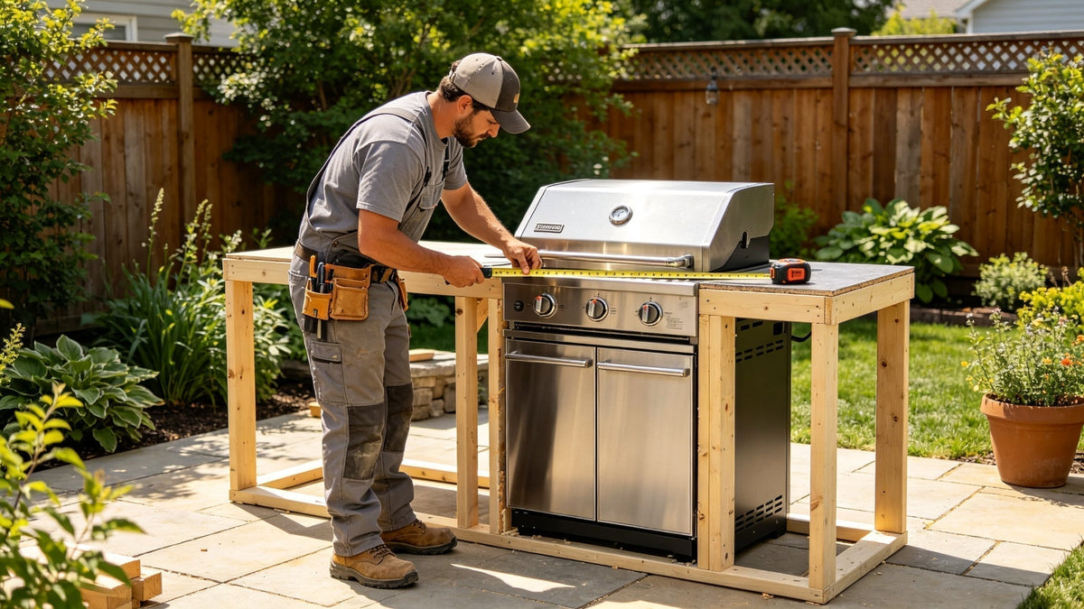 contractor measuring rough opening with tape measure for outdoor BBQ island stainless steel cabinet doors