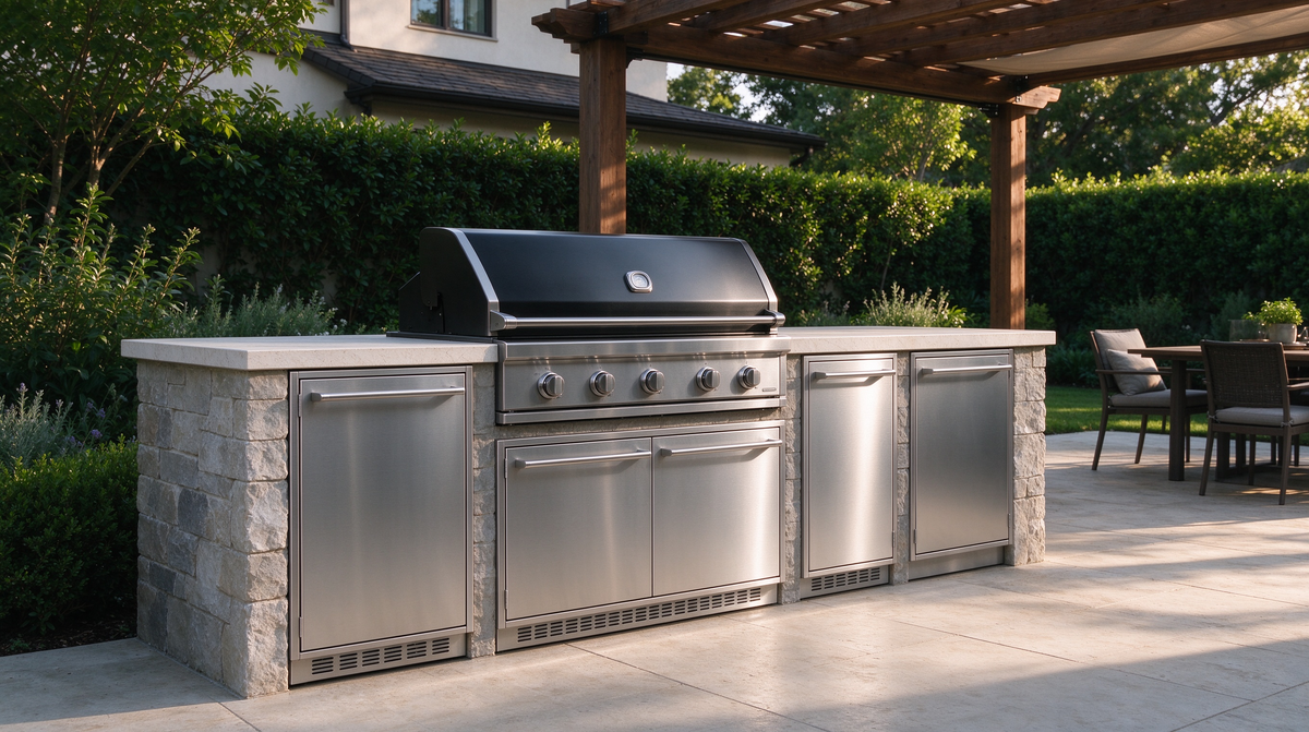 Modern patio kitchen with brushed stainless steel cabinet doors, built-in BBQ equipment and stone countertops.