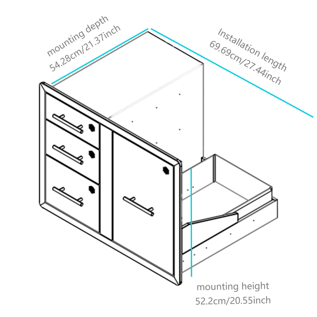 Cajones de tres capas de acero inoxidable 304 - Cajón de isla para barbacoa de 74,93 cm de ancho x 54,99 cm de profundidad x 57,40 cm de alto para cocina exterior o estación de parrilla de patio con isla para barbacoa