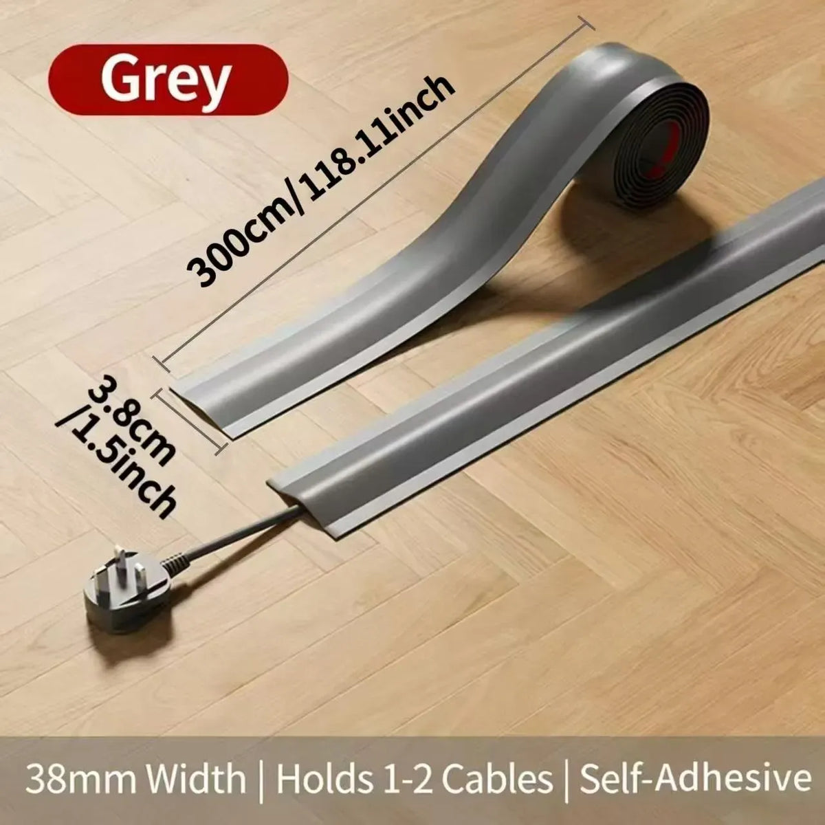 Self-Adhesive PVC Floor Cable Cover, Low-Profile Raceway, White / Gray