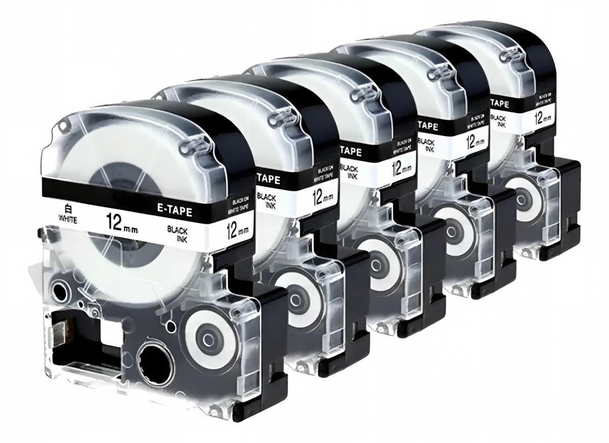 12mm Black-on-White Label Tape 5-Pack, for Brother LW-300/400/600
