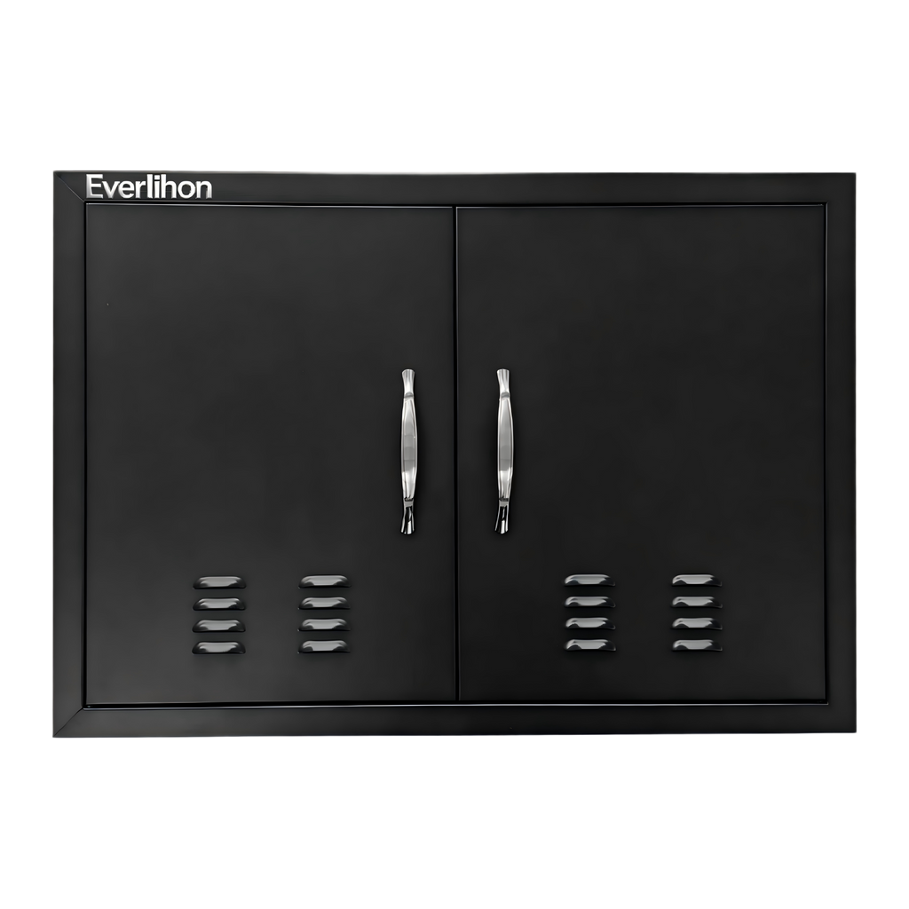 Black Powder-Coated Iron Vented Double BBQ Door 30 x 21 Inch, Heat-Relief Louvers
